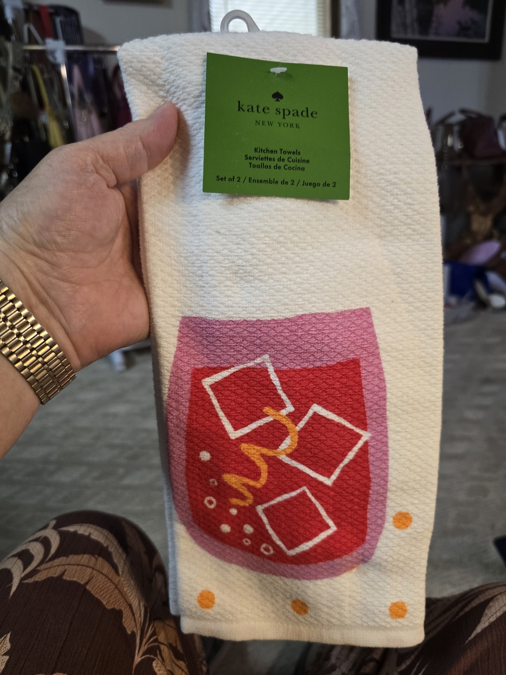 Kate Spade NWT 2 White Kitchen Towel with Pink & Red Drink Design